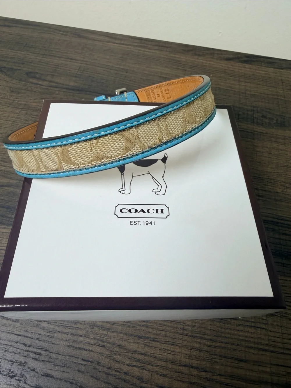 Coach Turquoise and Beige Signature Canvas & Leather Dog Collar with Bone Tag